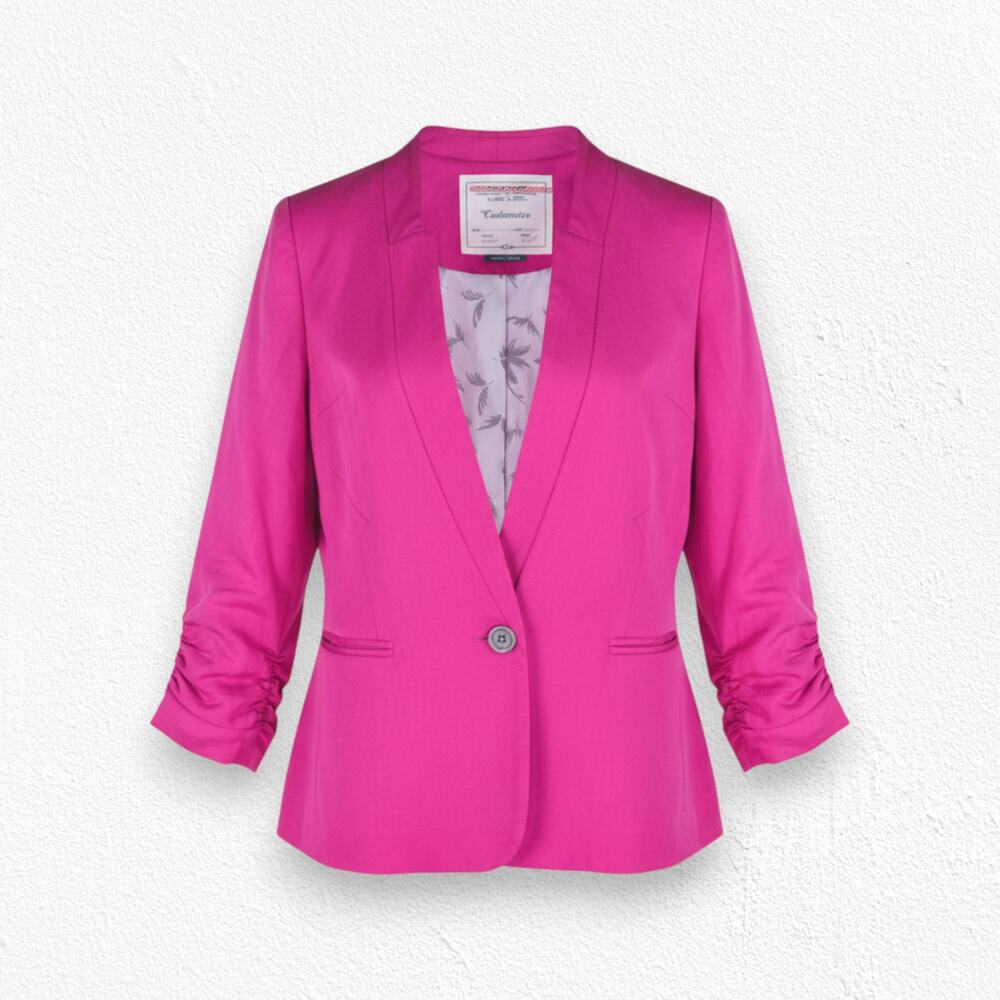 Anthropologie Pink Single Button USA Made Ruched Sleeve Barbiecore Blazer Size 4